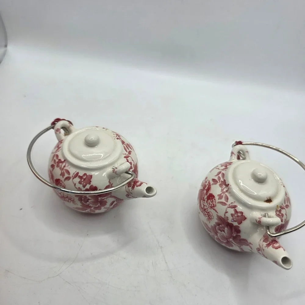 Vintage Miniature Porcelain Teapot Ornaments Pair Red Cherub Floral Made in Chin